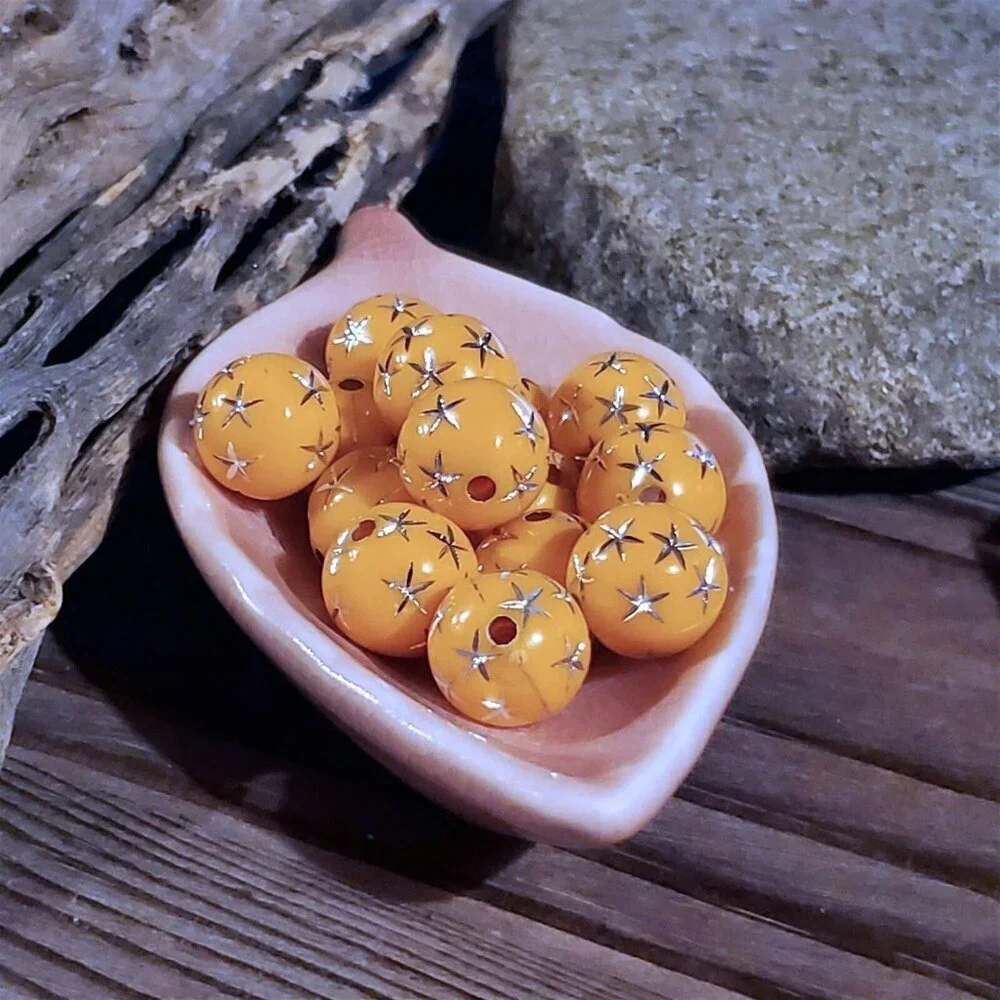 Vintage Retro Orange Silver Stars 12mm Round Acrylic Shabby Chic Beads 10 pcs